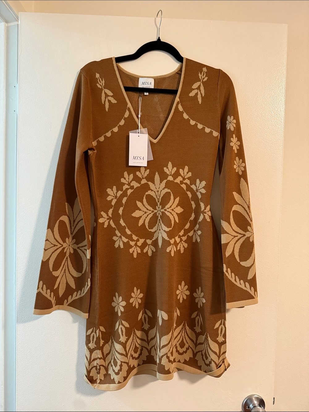 Misa Los Angeles Camel and Cream Floral Knit Dress